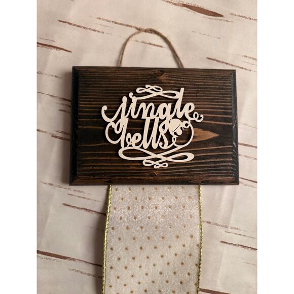 Holiday Card Holder Jingle Bells Wooden Topper with White Gold Ribbon - Picture 6 of 6